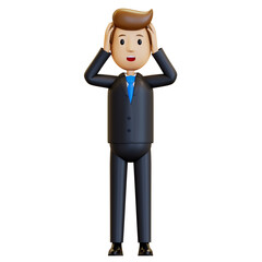 3d man. The shocked office worker held his head. A businessman in a suit is very scared. 3D rendering, illustration in cartoon style, isolated.