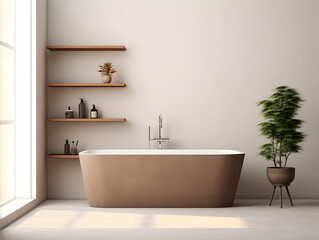 Modern and minimal Bathroom interior design, Modern minimalist bathroom interior, modern bathroom cabinet, white sink, wooden vanity, interior plants, bathroom accessories, bathtub and shower