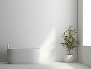 Modern and minimal Bathroom interior design, Modern minimalist bathroom interior, modern bathroom cabinet, white sink, wooden vanity, interior plants, bathroom accessories, bathtub and shower