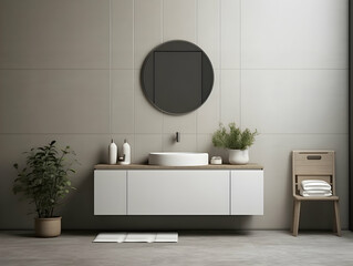 Modern and minimal Bathroom interior design, Modern minimalist bathroom interior, modern bathroom cabinet, white sink, wooden vanity, interior plants, bathroom accessories, bathtub and shower