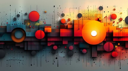 A digital abstract artwork featuring various geometric shapes in bright colors, with a dynamic and modern feel