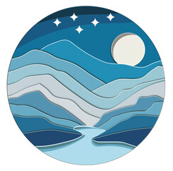 Papercut night landscape mountain and river in circle 
