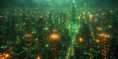 City view with matrix concept and digital connections. Virtual connectivity of the city. Financial district skyline with matrix sky background in green. High quality photo