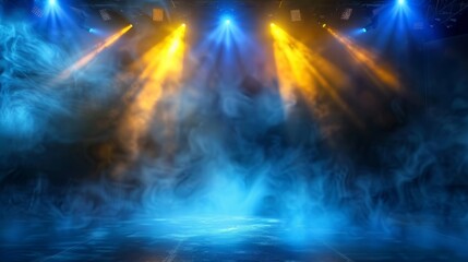 Club with blue and yellow bright stage lights and lights beams through a smoky atmosphere background