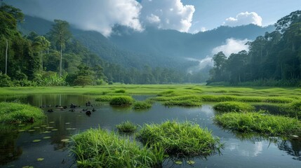 Obraz premium A thriving forest with diverse wildlife, showcasing the benefits of reforestation and conservation efforts. Emphasize the beauty and necessity of biodiversity.