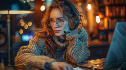 Fototapeta premium Lofi Lo-fi woman in her 50s with glasses and headphones in her office in front of a desk, half profile, kind of nerdy, coding, dark ambience, dark color palette, cozy, book, business