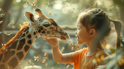 Naklejka premium A young girl is petting a giraffe