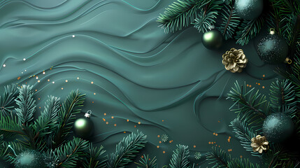 Elegant holiday background with green branches, festive decorations, and gold accents, creating a serene and festive ambiance perfect for seasonal celebrations.