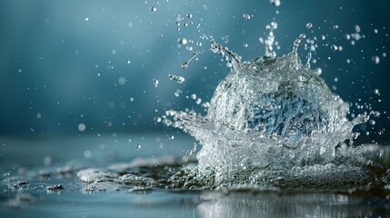 Striking image of a globe surrounded by water splash on a cool blue background highlighting...