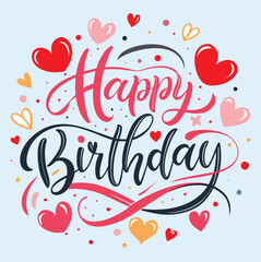 Happy Birthday lettering text banner, black color. Vector illustration with Red and black Hearts