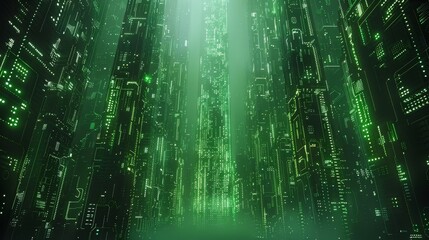 Obraz premium City view with matrix concept and digital connections. Virtual connectivity of the city. Financial district skyline with matrix sky background in green. High quality photo