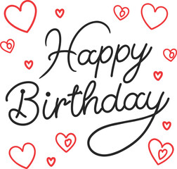 Happy Birthday lettering text banner, black color. Vector illustration with Red Hearts