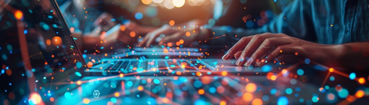 Close-up of a person's hands typing on a laptop keyboard with a futuristic technology background.