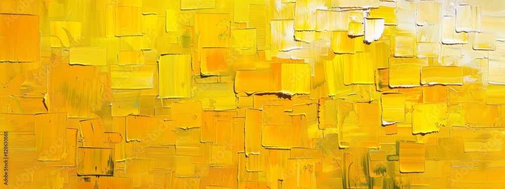 Poster an abstract painting with layers of neat lines in varying shades of yellow.
