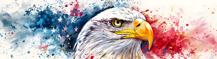 Obraz premium An abstract watercolor illustration of an American eagle with a minimal focus and a background resembling the American flag. Suitable for patriotic events, national holidays,...