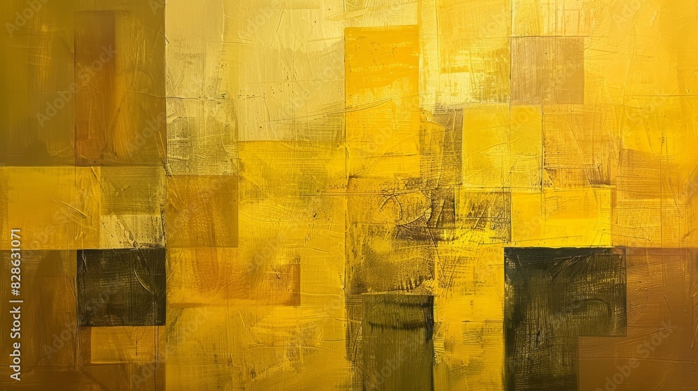Poster an abstract painting with layers of neat lines in varying shades of yellow.