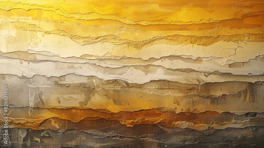 Poster an abstract painting with layers of neat lines in varying shades of yellow.