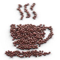 Roasted fresh coffee beans making a hot drinking cafe cup icon without background. Design element for beverage cafe graphics projects. 