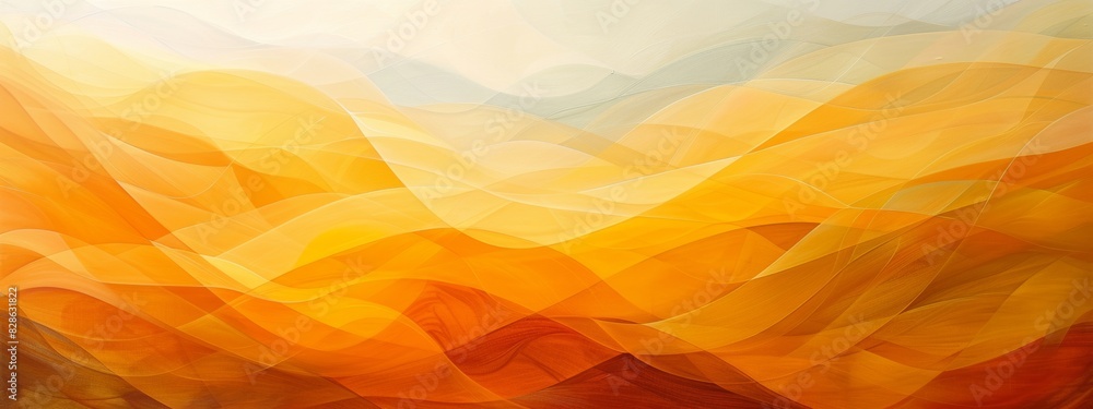 Poster an abstract painting with layers of neat lines in varying shades of yellow.
