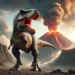 火山とティラノサウルス2[GenerativeAI]
