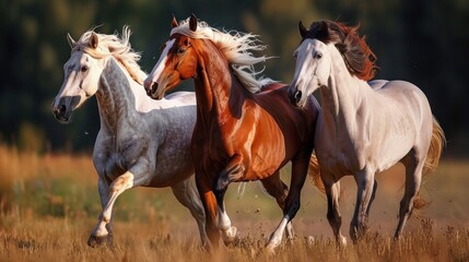 Beautiful horses running through a field 