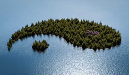 Yin and Yang symbol formed from a densely vegetated island and the ocean - 3d illustration