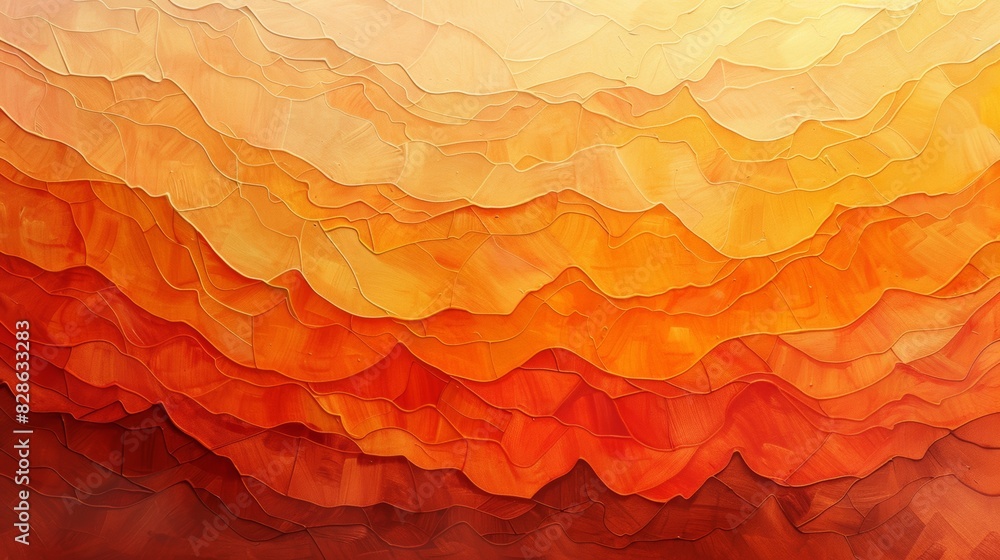 Poster an abstract painting with layers of neat lines in varying shades of orange.