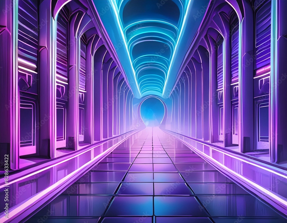 Wall mural illustration of abstract background of futuristic corridor with purple and blue neon lights