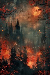 Fototapeta premium Gothic Castle Illustration with Red Moon and Crows