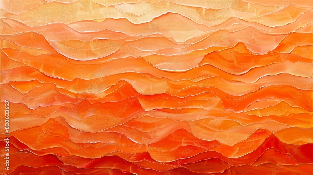 Poster an abstract painting with layers of neat lines in varying shades of orange.