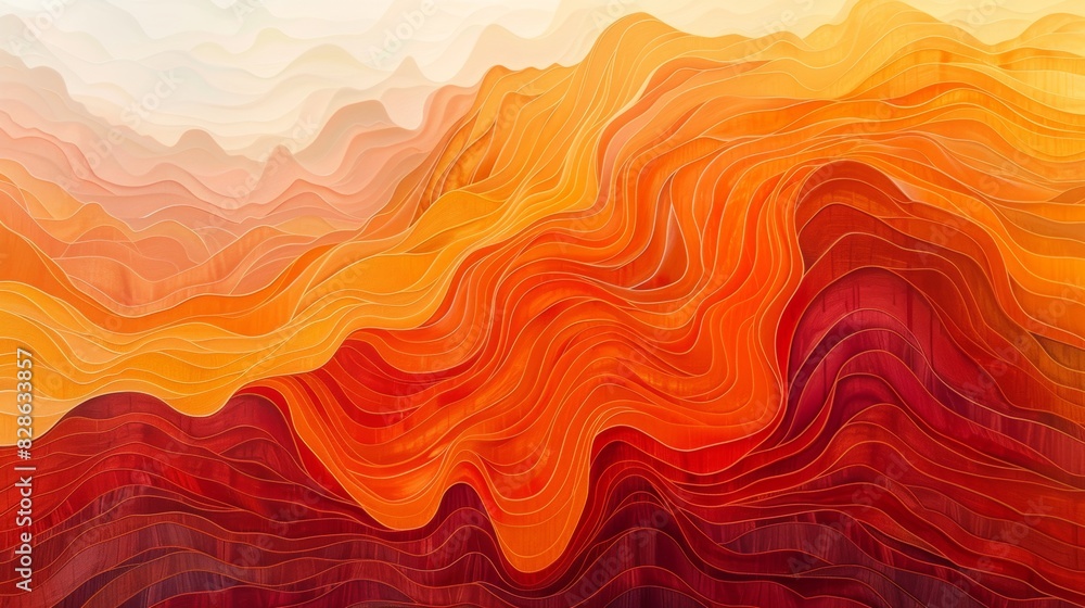 Poster an abstract painting with layers of neat lines in varying shades of orange.