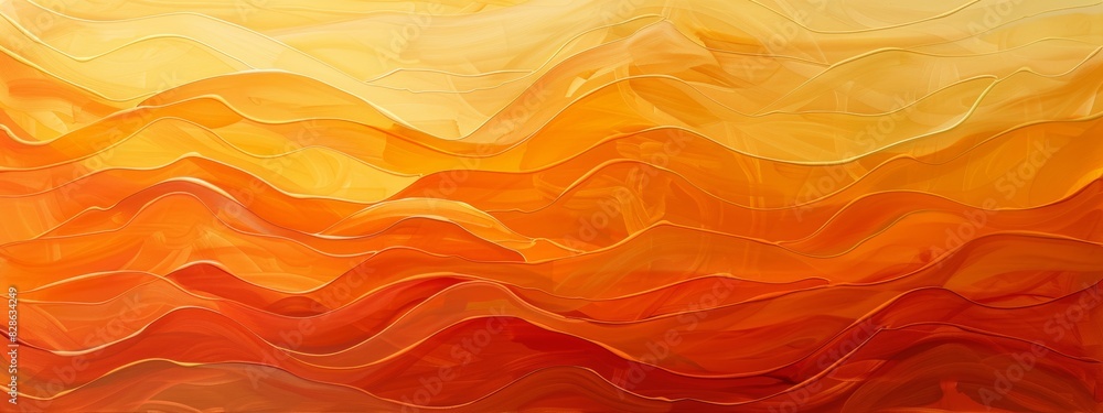Poster an abstract painting with layers of neat lines in varying shades of orange.