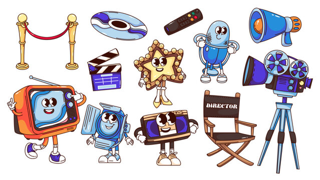 Groovy cartoon cinema characters and stickers set. Funny retro TV and video cassette, clapperboard and directors chair, star. Cartoon cinema mascots collection of 70s 80s style vector illustration