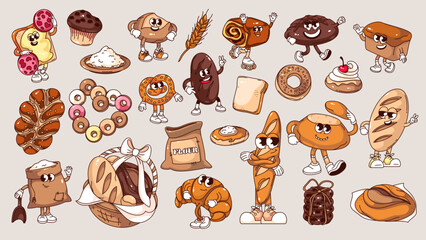 Groovy bread cartoon characters and bakery assortment stickers set. Funny retro loaf and French baguette, croissant, toast, bun. Cartoon bread mascots collection of 70s 80s style vector illustration