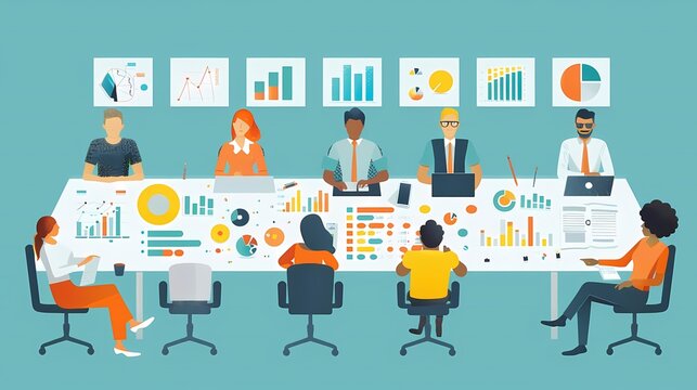 Imagine a flat design of a project kickoff meeting with team members