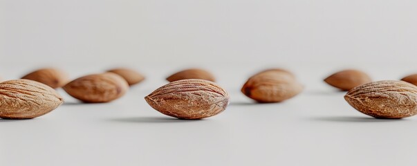 Fototapeta premium Row of Almond seeds in photo over white background