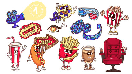 Groovy cartoon cinema characters and stickers set. Funny retro movie tickets and chair, food and drink for film, 3D glasses. Cartoon cinema mascots collection of 70s 80s style vector illustration