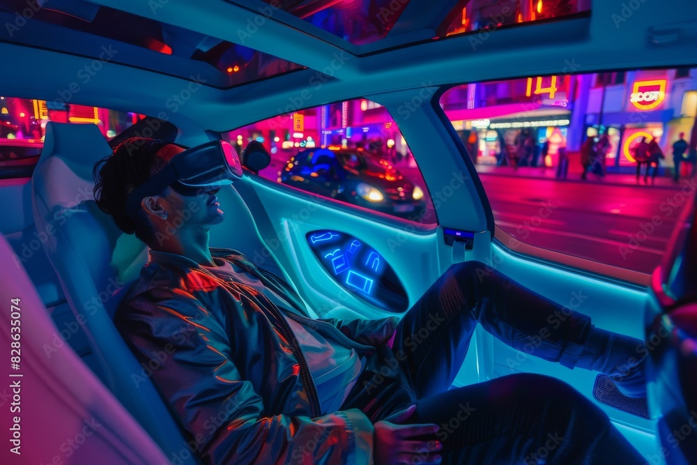 Wall mural Man relaxing in a modern autonomous vehicle with a sleek design and spacious interior, showcasing advanced self driving technology and urban mobility