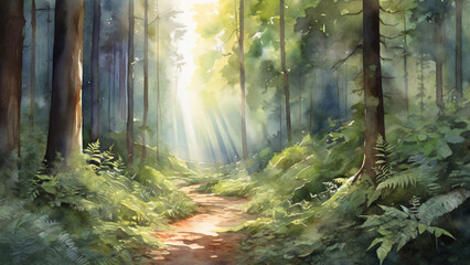 Fototapeta premium Watercolor painting: A peaceful scene in a temperate forest, with sunlight filtering through the trees and a carpet of ferns covering the ground.
