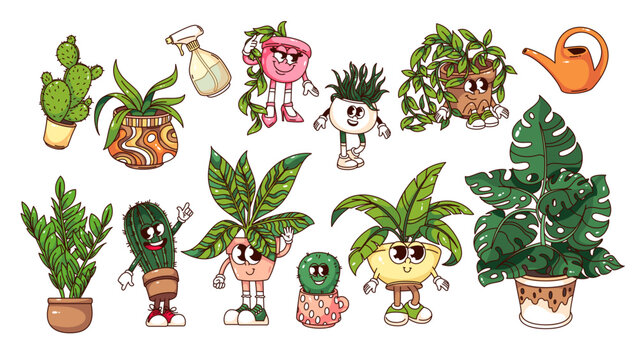 Groovy plants of home garden cartoon characters and stickers set. Funny retro funky potted cactuses and comic tropical plants, cartoon houseplants mascots of 70s 80s style vector illustration