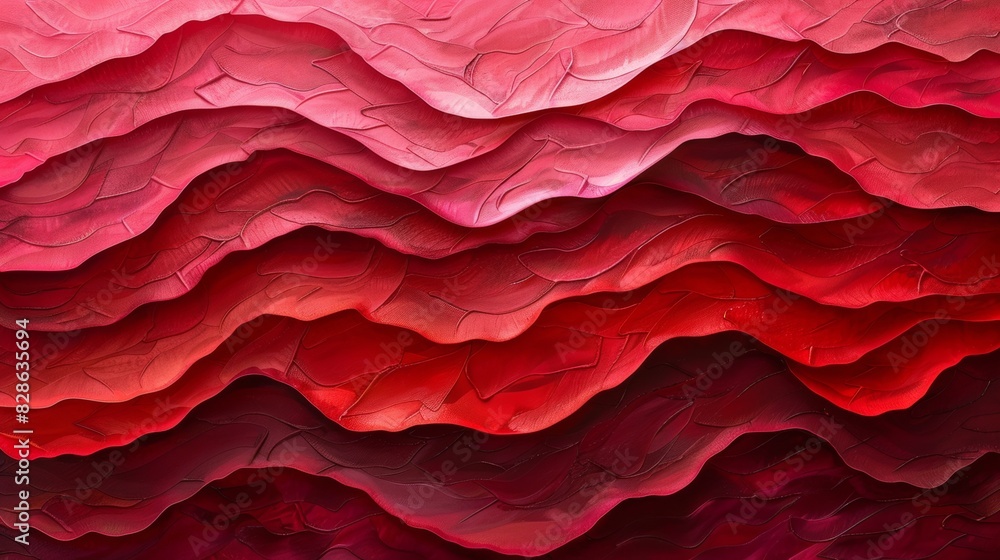 Poster an abstract painting with layers of neat lines in varying shades of red.