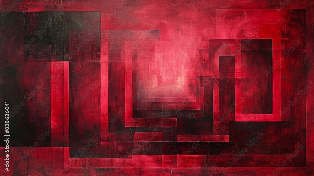 Poster an abstract painting with layers of neat lines in varying shades of red.