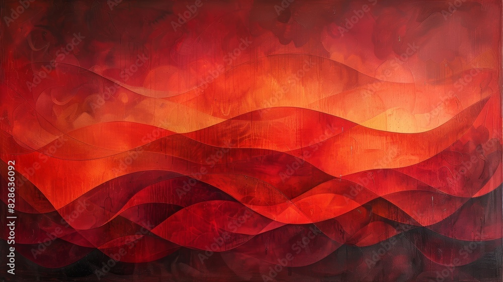 Poster an abstract painting with layers of neat lines in varying shades of red.
