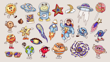 Groovy space and planet cartoon characters set. Funny retro astronaut and rocket, planets of Solar system and alien, astronomy mascots. Cartoon stickers collection of 70s 80s style vector illustration