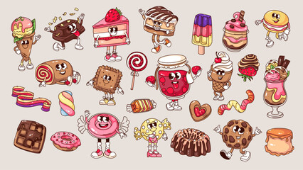 Groovy sweet cartoon characters and confectionery desserts set. Funny retro birthday chocolate cake and ice cream, cookie and candy mascot, cartoon sweets stickers of 70s 80s style vector illustration