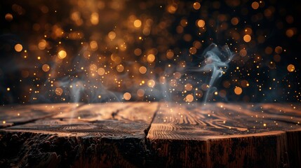Close up of a rustic wooden surface set against a background of glistening golden bokeh effect, creating an enchanting ambiance