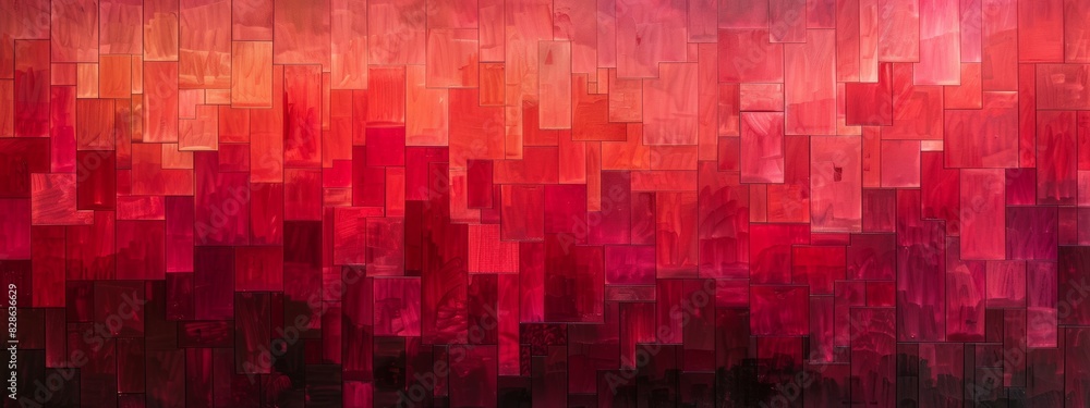 Poster an abstract painting with layers of neat lines in varying shades of red.