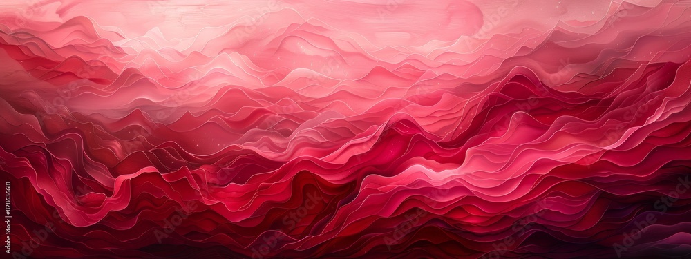 Poster An abstract painting with layers of neat lines in varying shades of red.