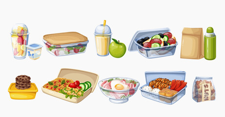 Boxes and packages with food for kids lunch time, cartoon lunchbox set. Eco paper bag with snacks, juice plastic cup and glass reusable container, cartoon collection of lunch meals vector illustration
