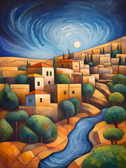 Palestine Cubism Country Landscape Illustration Art	